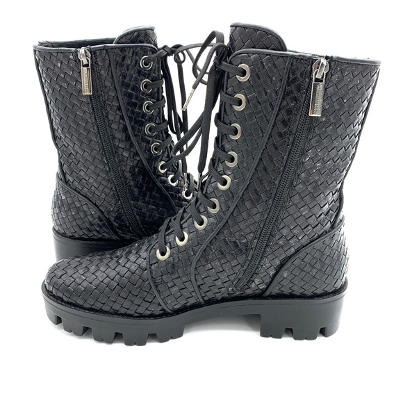 Pons Quintana Black Leather Woven Ankle Boots Zip Lace - Picture 5 of 10